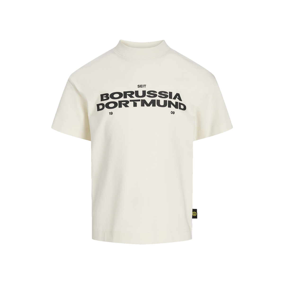 Beiges kurzärmeliges BVB T-Shirt Essentials II für Kinder mit schwarzem Borussia Dortmund Schriftzug und 1909-Aufdruck.