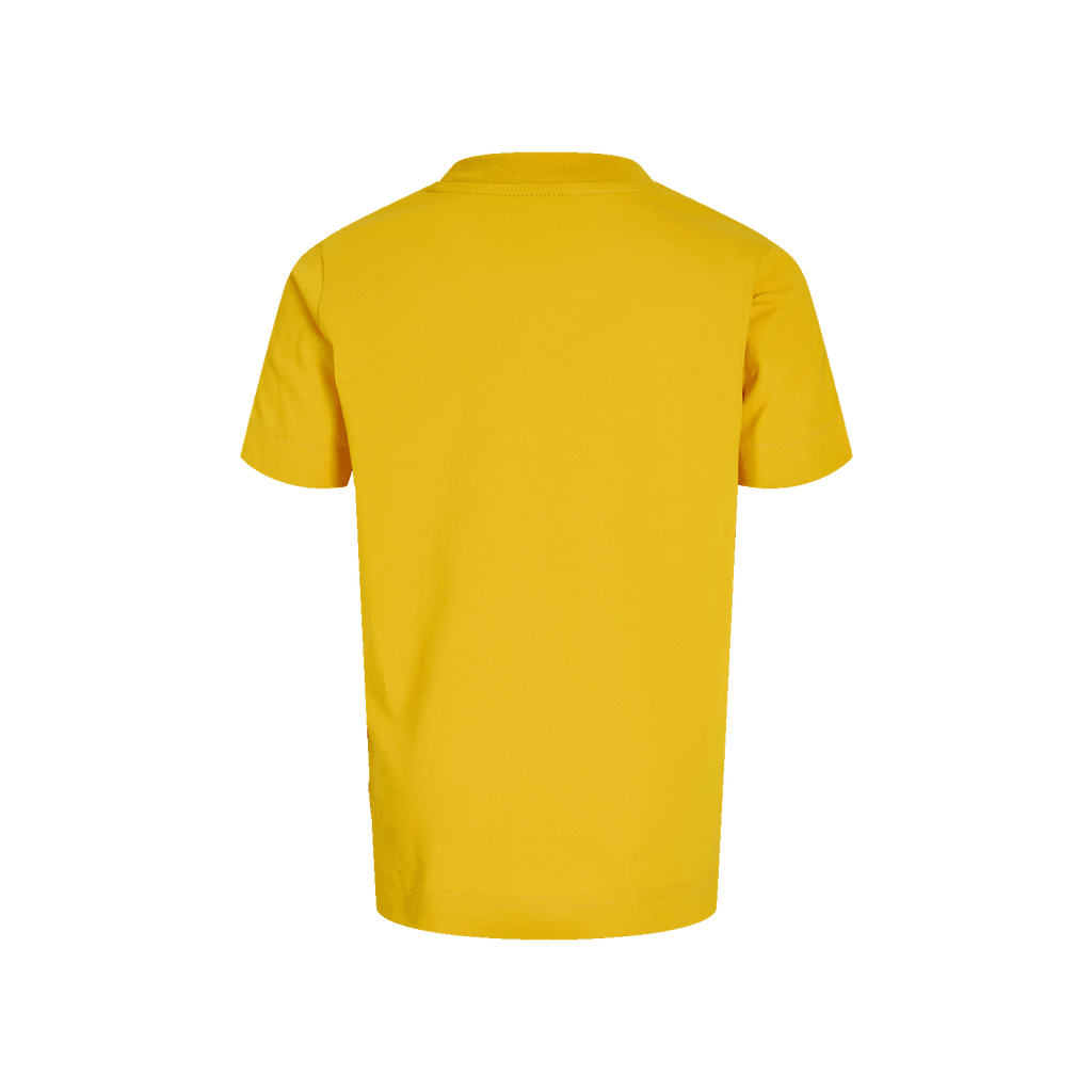 Vista posteriore di una maglietta gialla per bambini del BVB della collezione Essentials II, ideale per i giovani tifosi del Borussia Dortmund.