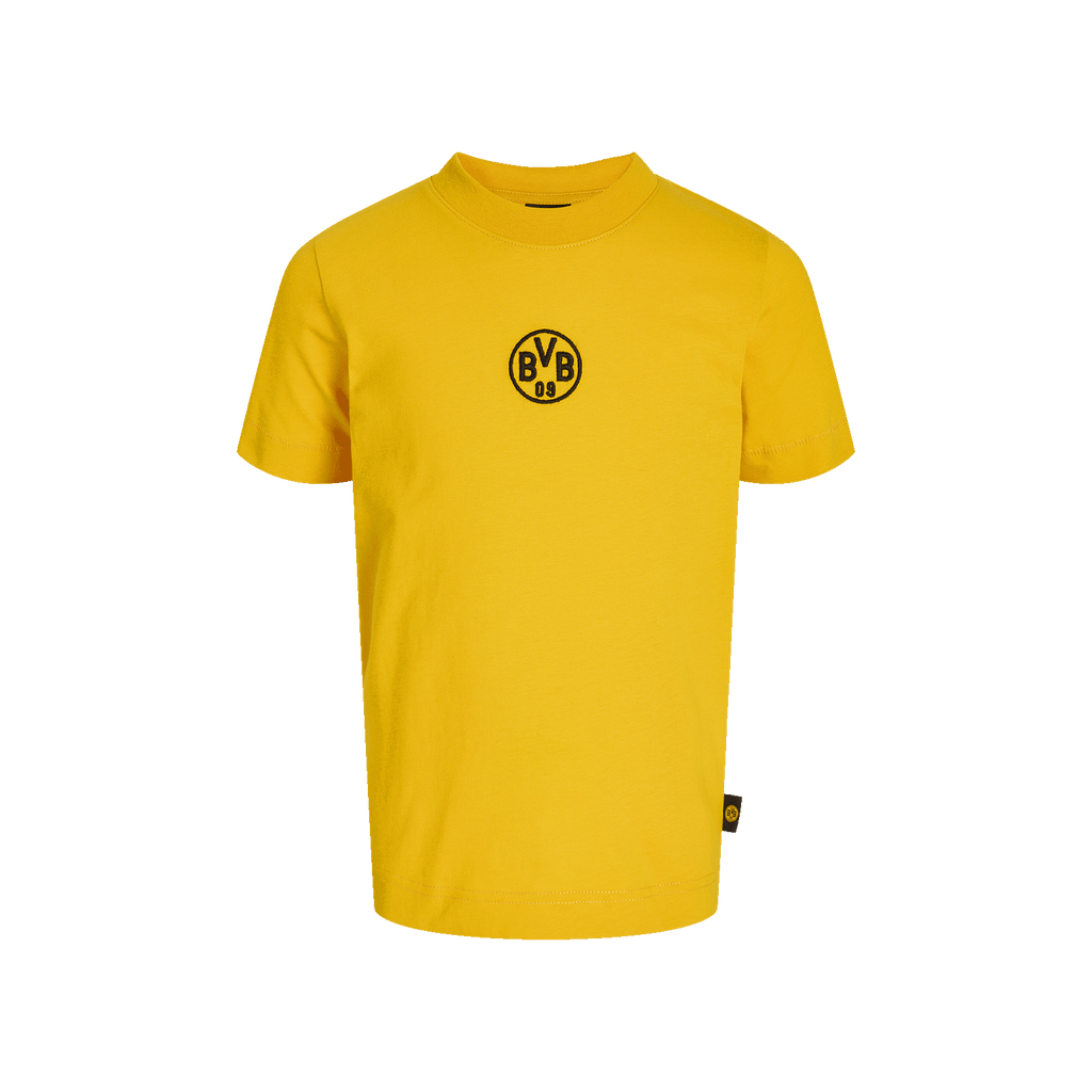 Maglietta gialla Essentials II del BVB per bambini, in cotone, con il logo nero BVB 09 sul petto, ideale per i giovani tifosi del Borussia Dortmund.