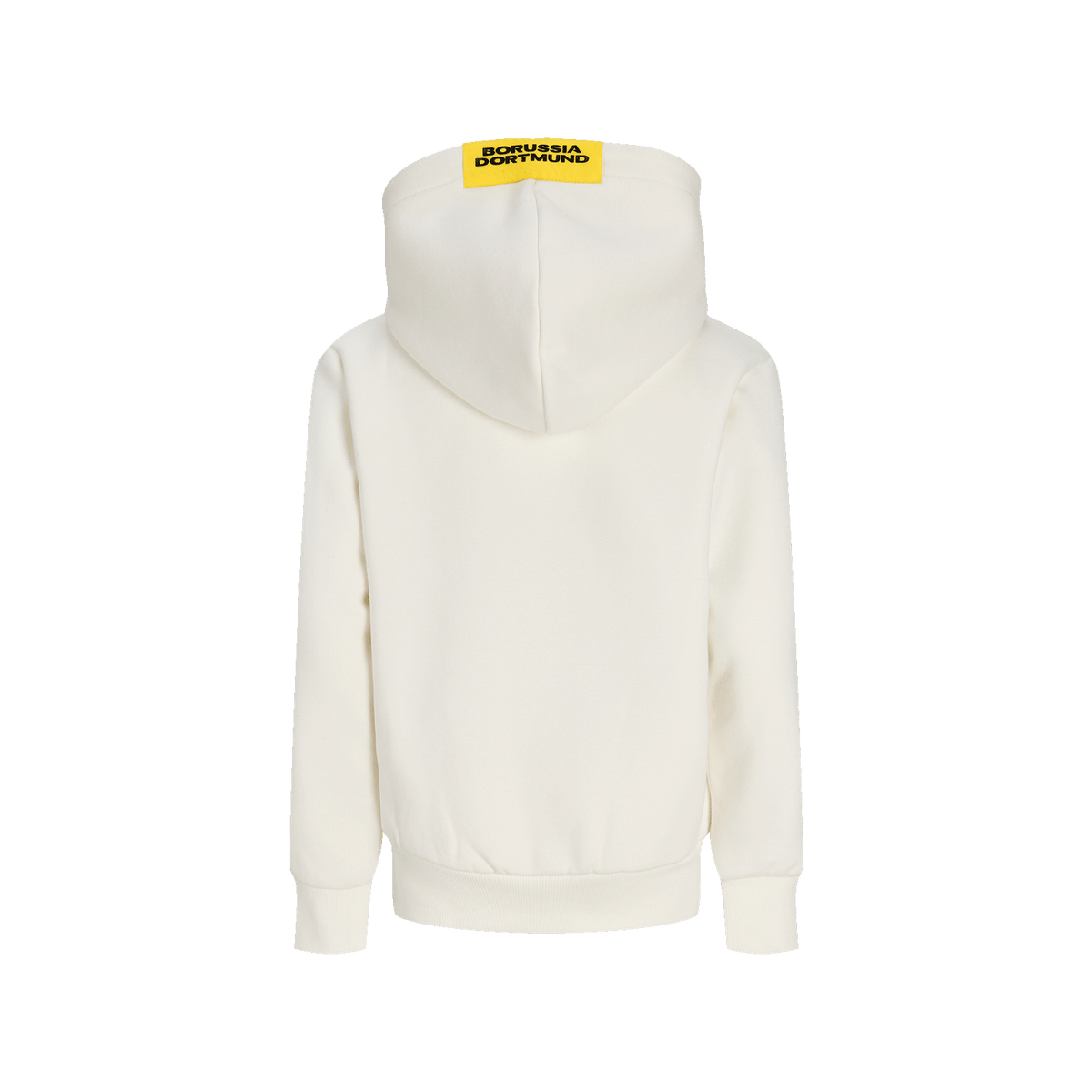 Vista trasera de la sudadera con capucha Essentials II del BVB en color beige para niños, con el logotipo del Borussia Dortmund en negro y amarillo en la capucha.