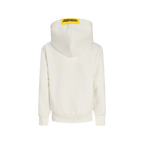 Vista posteriore della felpa con cappuccio Essentials II del BVB per bambini, di colore beige, con la scritta “Borussia Dortmund” in nero e giallo sul cappuccio.