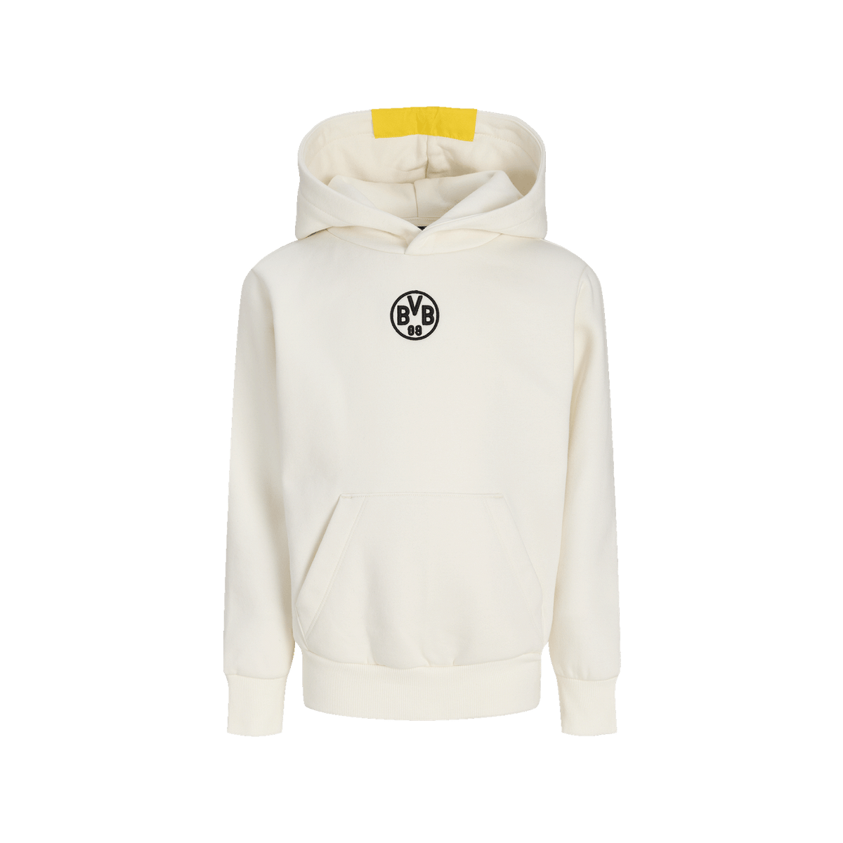 Beiger BVB Hoodie der Essentials II Kollektion für Kinder mit BVB-Logo auf der Brust und gemütlicher Kapuze. Perfekt für junge Borussia Dortmund-Fans.