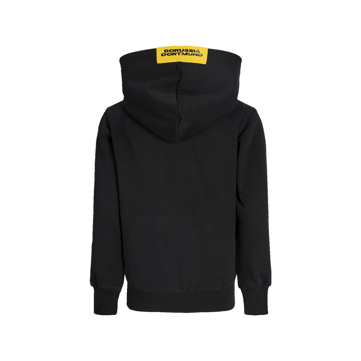 Schwarzer BVB-Hoodie für Kinder aus der Essentials II Kollektion mit gelbem 'Borussia Dortmund'-Logo auf der Rückseite der Kapuze.
