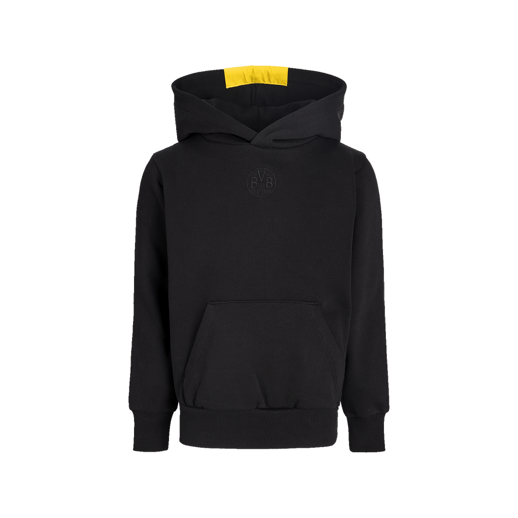 Felpa nera con cappuccio BVB Essentials II per bambini, con stemma del BVB sul petto e tasca a marsupio, ideale per i giovani tifosi del Borussia Dortmund.