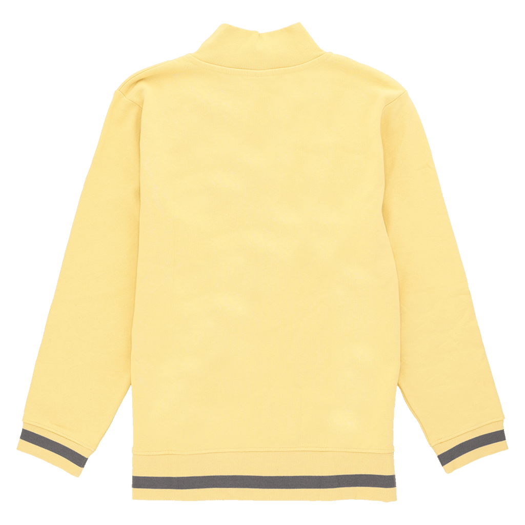 Rear view of a yellow long-sleeved sweater with ribbed cuffs and a simple design in neutral colors.
