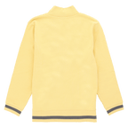 Rear view of a yellow long-sleeved sweater with ribbed cuffs and a simple design in neutral colors.