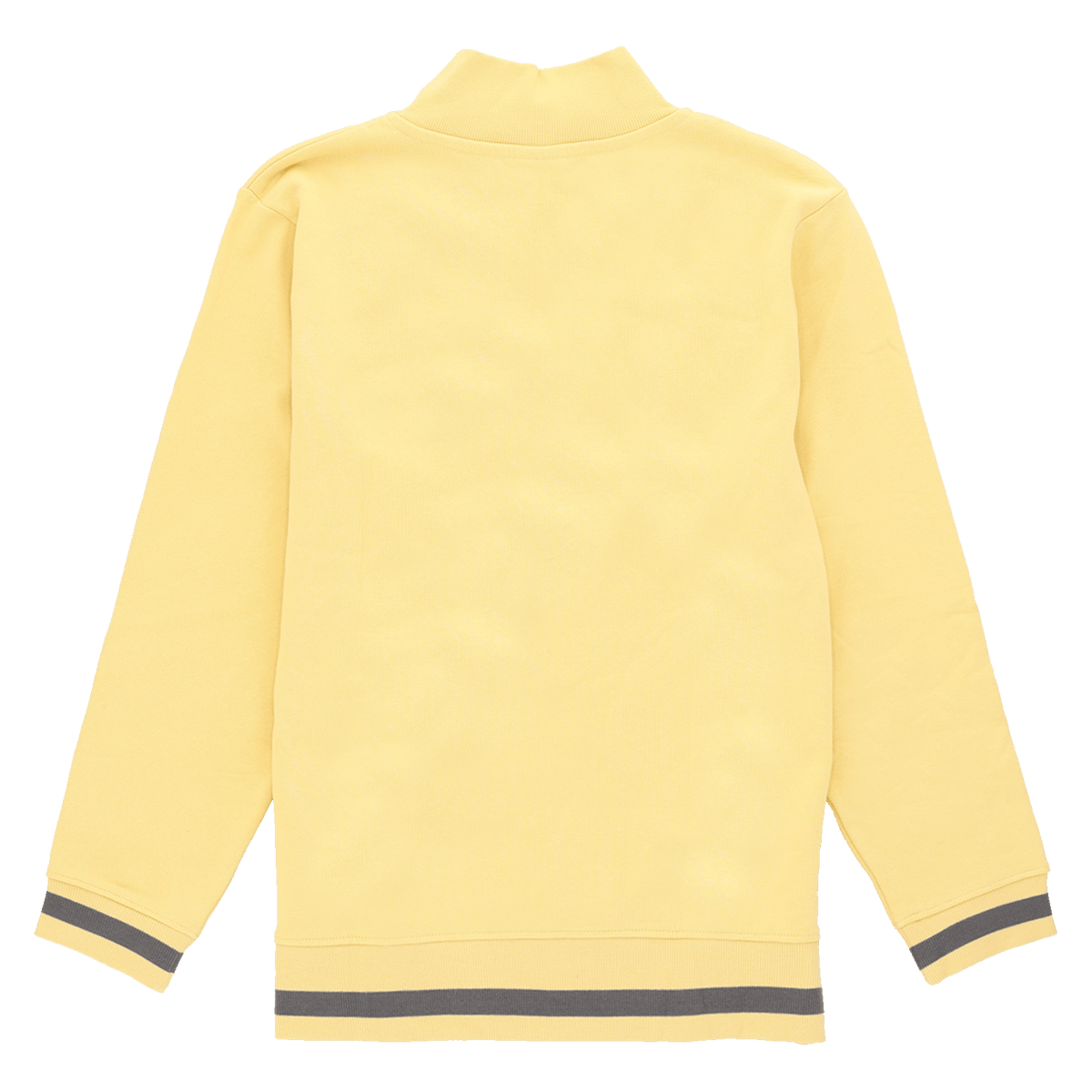 Rückansicht eines gelben Langarm-Pullovers mit gerippten Bündchen und schlichtem Design in neutraler Farbgebung.