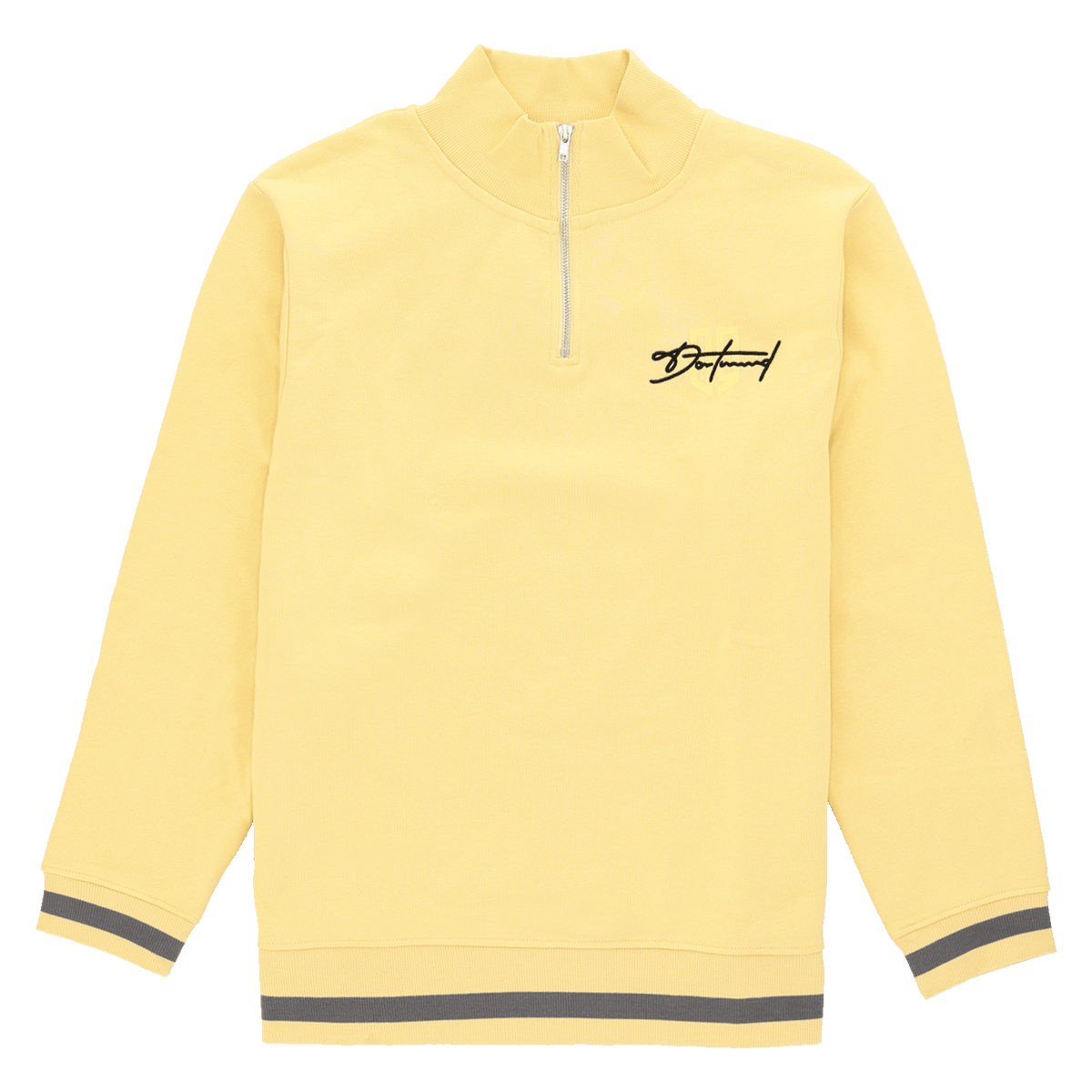 Gelbes Sweatshirt mit Dortmund-Schriftzug und kurzem Reißverschluss, ideal als Fanartikel.