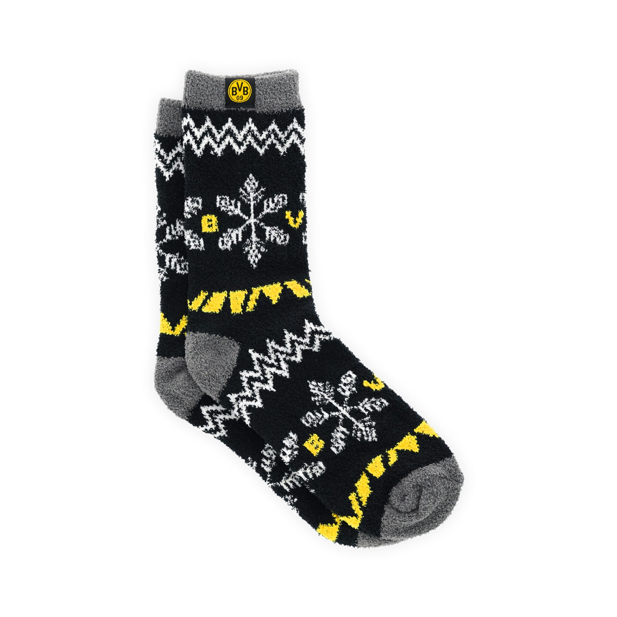 Schwarze BVB-Wintersocken mit gelben und weißen Akzenten, Schneeflockenmotiv und BVB-Logo, ideal für Fans in der kalten Jahreszeit.