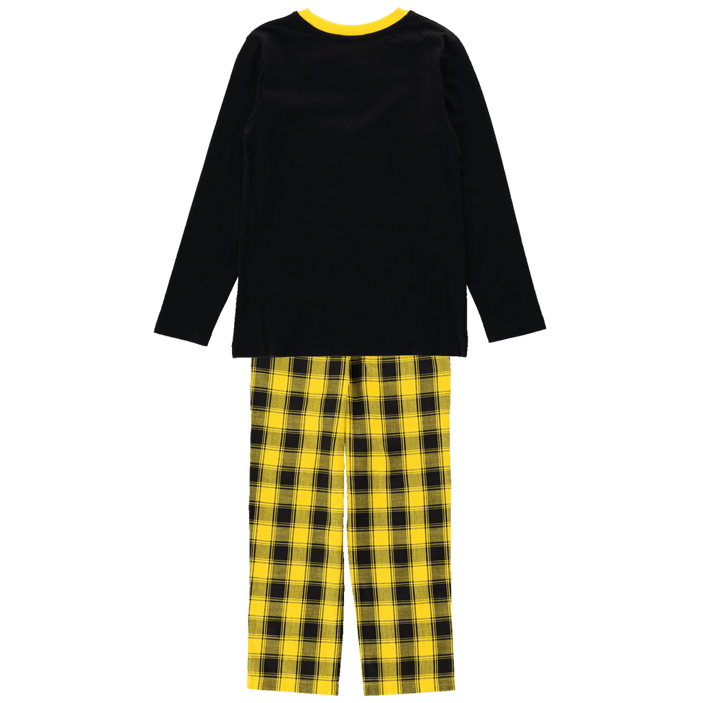 Pijama del BVB en negro y amarillo para niños, compuesto por una camiseta negra y unos pantalones a cuadros amarillos y negros, visto desde atrás.