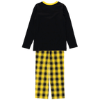 Pijama del BVB en negro y amarillo para niños, compuesto por una camiseta negra y unos pantalones a cuadros amarillos y negros, visto desde atrás.