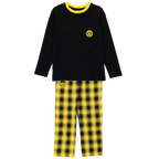 Pijama infantil del BVB compuesto por una camiseta negra de manga larga y unos pantalones a cuadros negros y amarillos, ideal para los jóvenes aficionados del Borussia Dortmund.