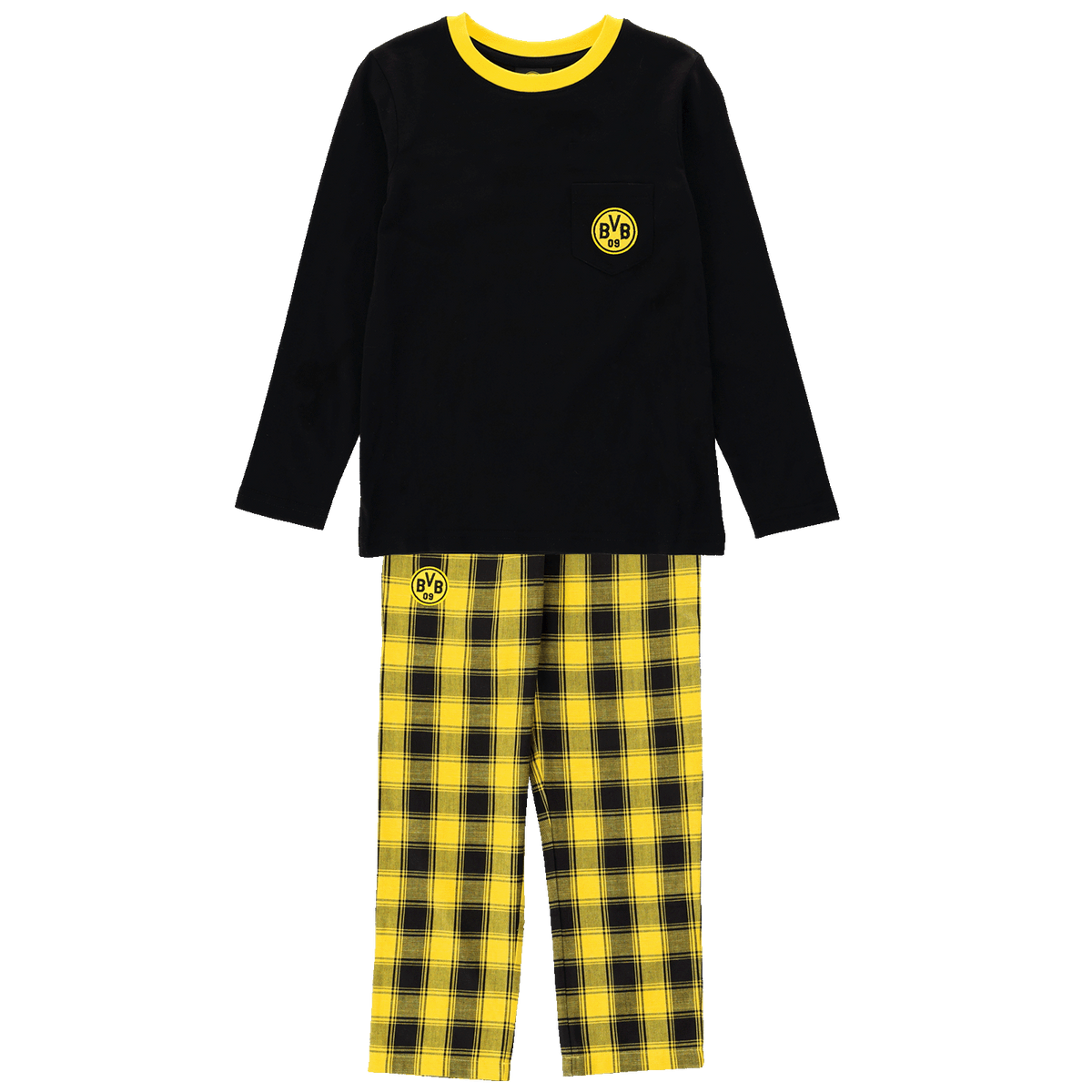 Pigiama per bambini del BVB composto da una maglietta nera a maniche lunghe e pantaloni a quadri neri e gialli, ideale per i giovani tifosi del Borussia Dortmund.