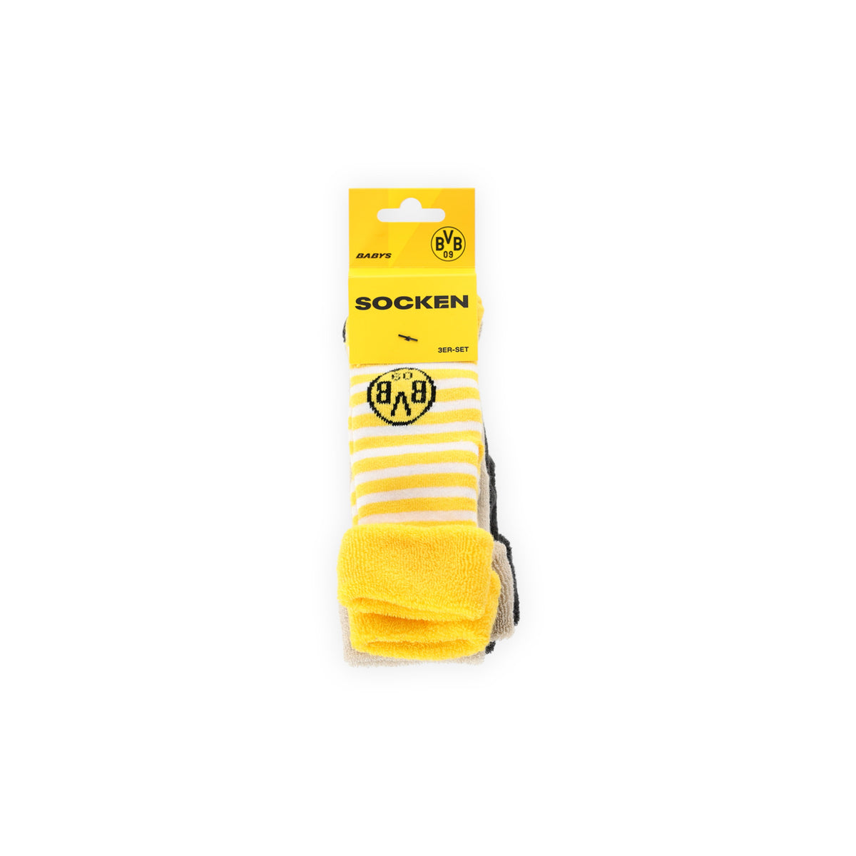 Set da 3 paia di calzini del BVB per neonati e bambini piccoli nei colori nero e giallo, con motivi a righe e tinta unita, decorati con il logo del BVB, come articoli per tifosi.