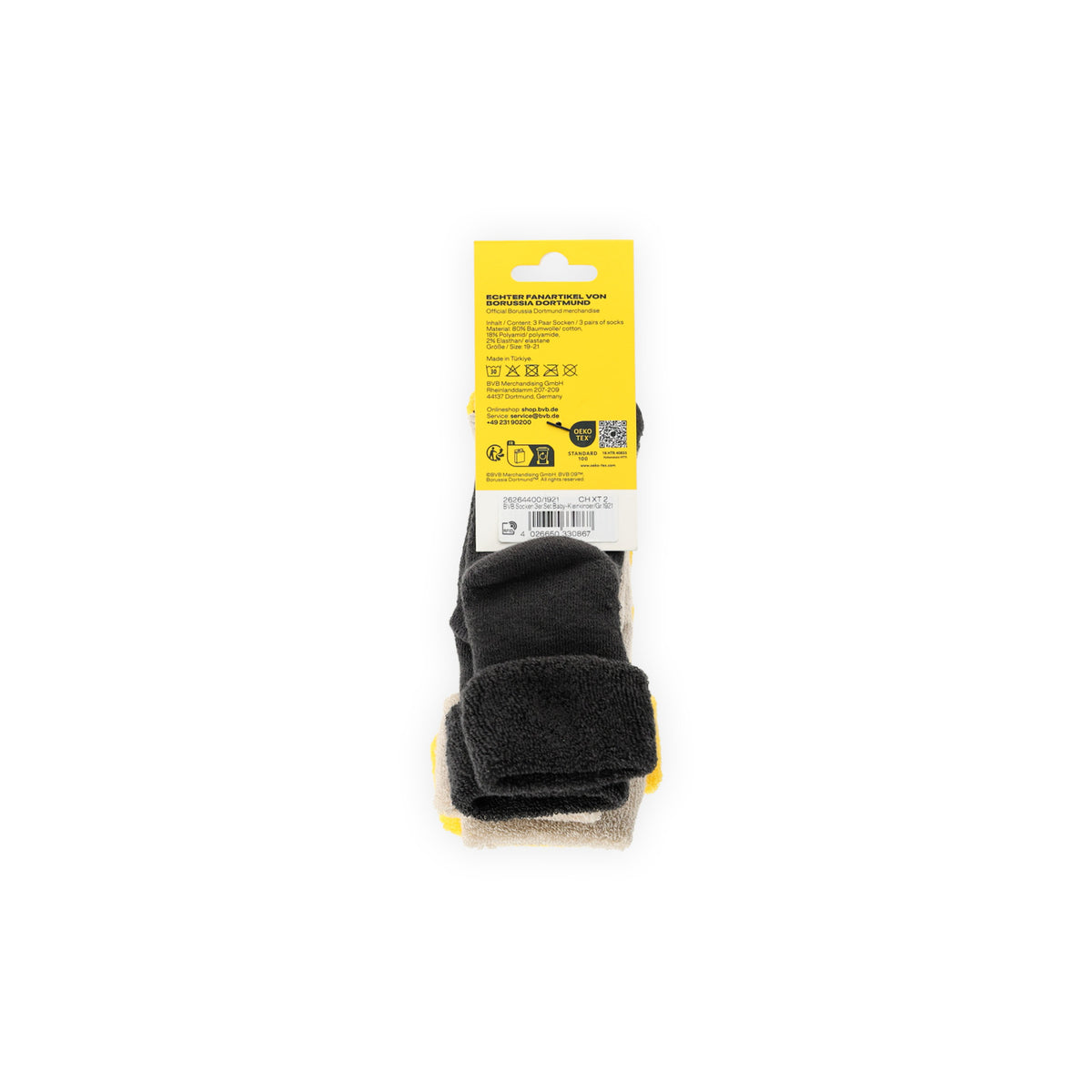 Ein 3er-Set BVB-Socken für Baby- und Kleinkinder in den Farben schwarzgelb, Rückansicht mit Produktverpackung sichtbar.