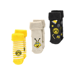 Tres pares de calcetines para bebé en colores negro, amarillo y crema, con el logotipo del BVB y motivos de EMMA, pensados especialmente para los pequeños aficionados del Borussia Dortmund.