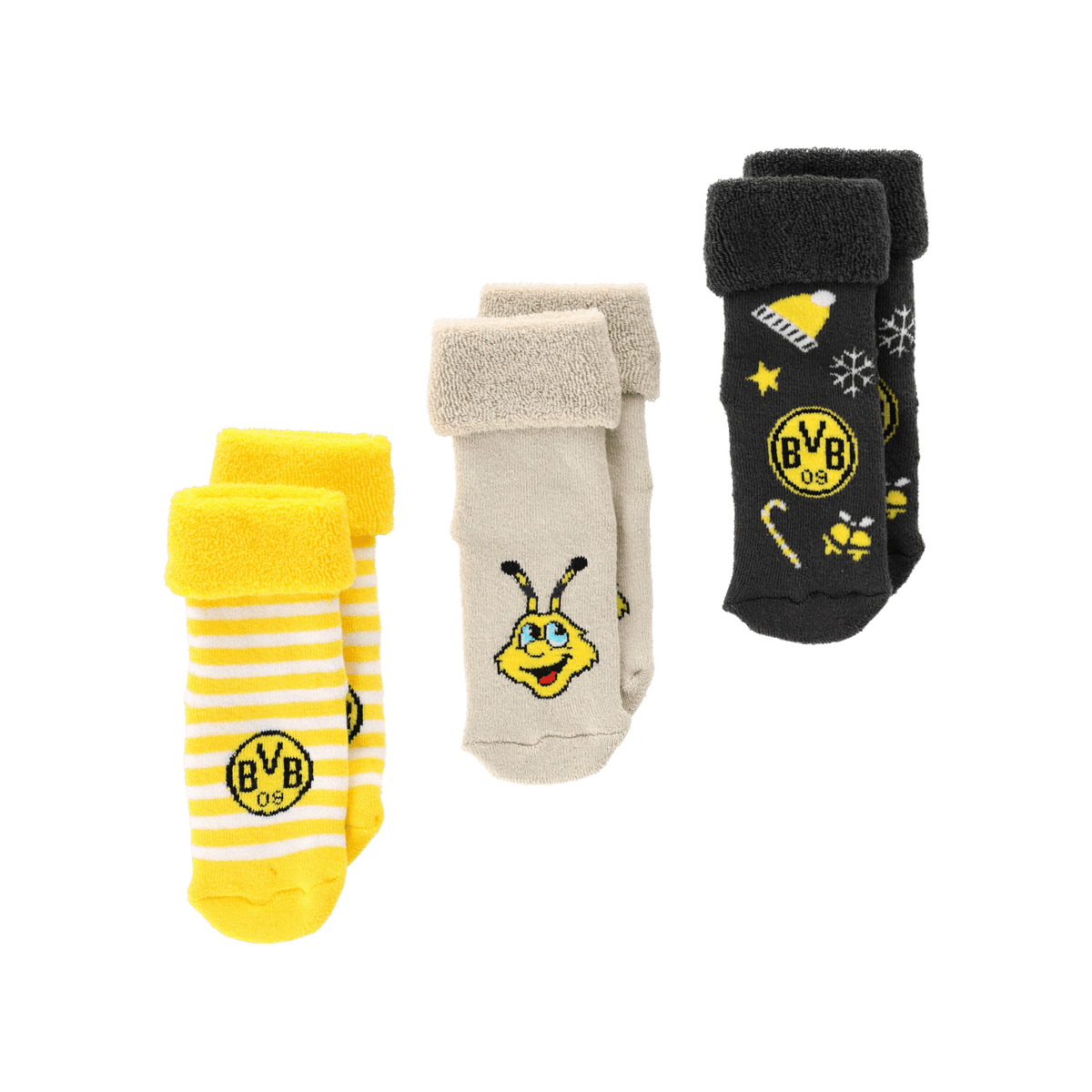 Drei Paar Babysocken in den Farben schwarz, gelb und creme mit BVB-Logo und EMMA-Motiven, speziell für kleine Fans von Borussia Dortmund.