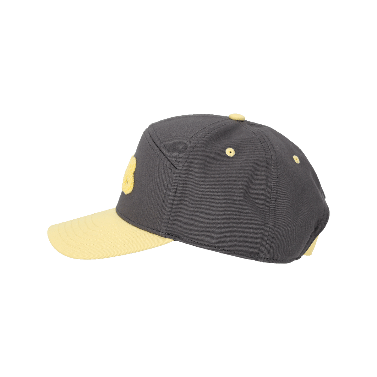 Cappellino del BVB per bambini, grigio con visiera gialla e ricamo, vista laterale.