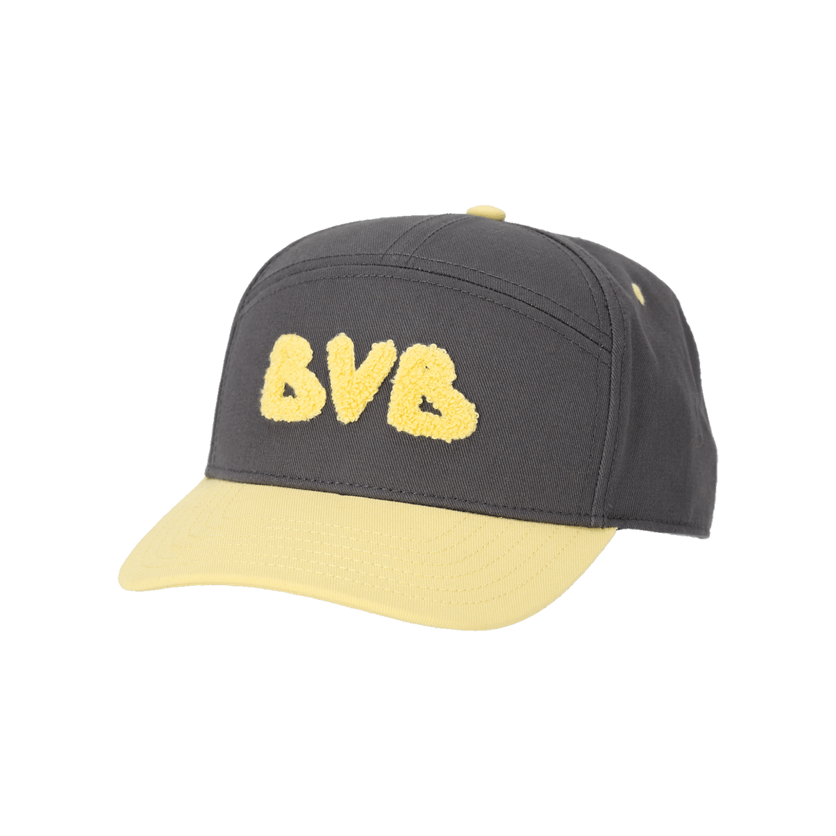 黄色のつばと、黄色で刺繍された「BVB」の文字が入った、子供用のグレーのキャップ。ボルシア・ドルトムントのファンに最適です。