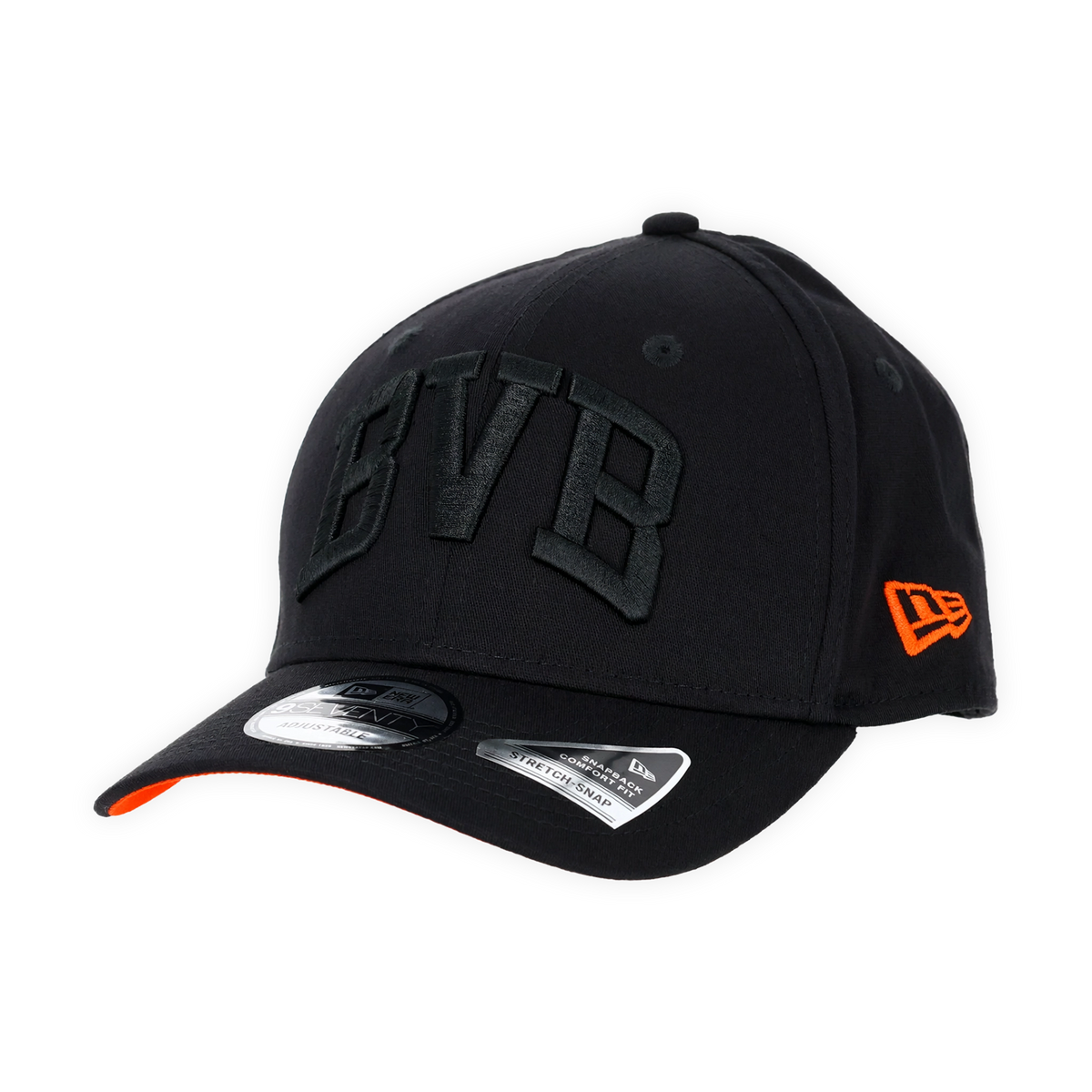 Cappellino nero del BVB di New Era della collezione 9SEVENTY Heat II con scritta BVB ricamata e logo laterale arancione.