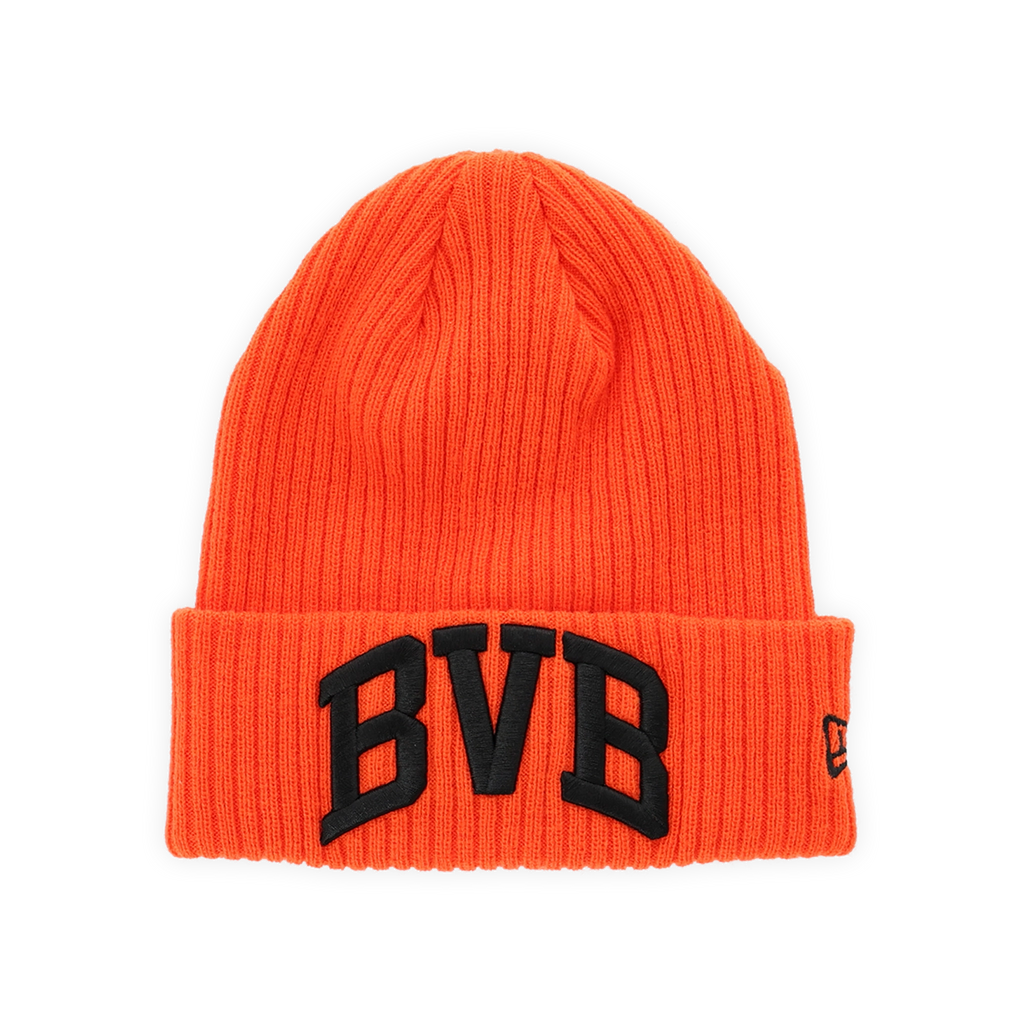 Casquette BVB orange de la collection HEAT II, avec l'inscription « BVB » en noir sur le devant et le logo New Era sur le côté.