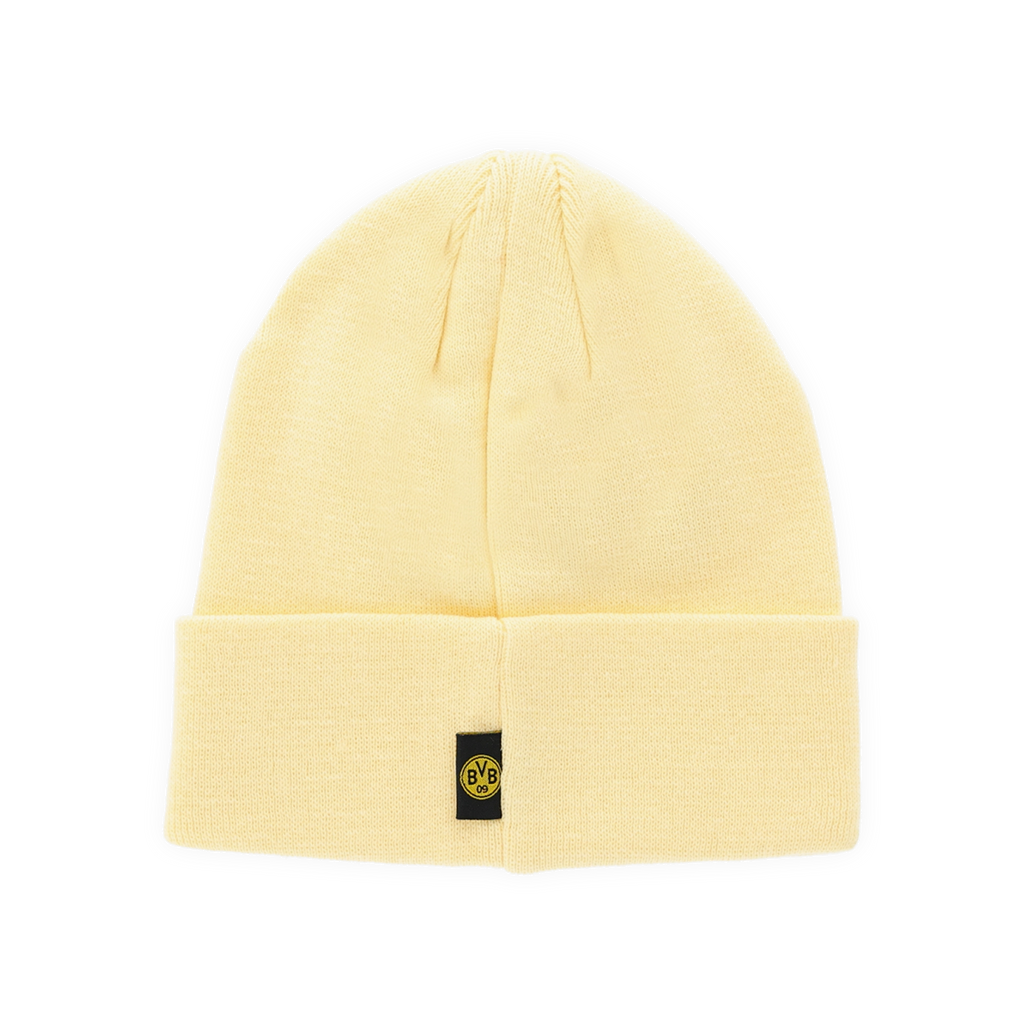 Pastellgelbe BVB-Mütze mit umgeschlagenem Rand und BVB-Logo auf der Vorderseite, ideal als wärmendes Accessoire für Fans.