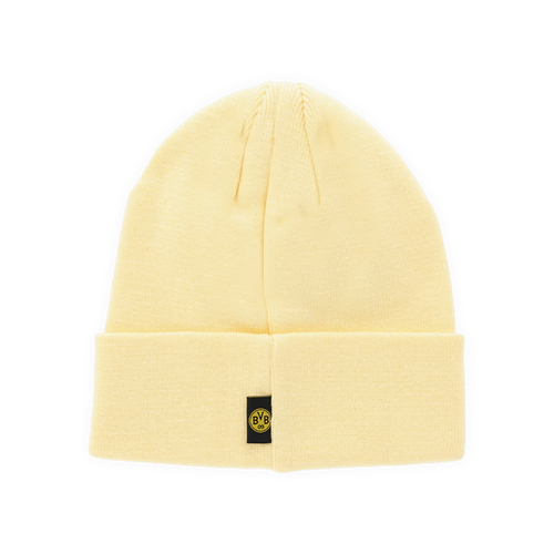 Pastellgelbe BVB-Mütze mit umgeschlagenem Rand und BVB-Logo auf der Vorderseite, ideal als wärmendes Accessoire für Fans.