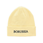 Pastellgelbe BVB-Mütze mit schwarzem ‚Borussia‘ Schriftzug auf der Vorderseite als Fanartikel und Accessoire.