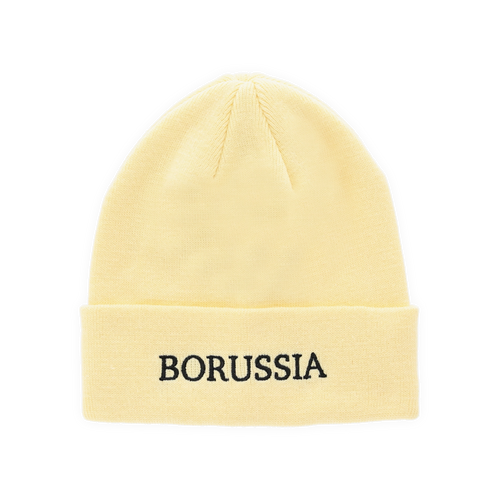 Pastellgelbe BVB-Mütze mit schwarzem ‚Borussia‘ Schriftzug auf der Vorderseite als Fanartikel und Accessoire.