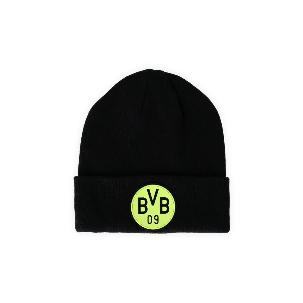 Schwarze Beanie für Kinder mit schwarzgelbem Glow-in-the-Dark-BVB-Logo, ideal als Fanartikel und Accessoire.
