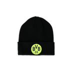 Schwarze Beanie für Kinder mit schwarzgelbem Glow-in-the-Dark-BVB-Logo, ideal als Fanartikel und Accessoire.
