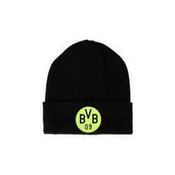 Schwarze Beanie für Kinder mit schwarzgelbem Glow-in-the-Dark-BVB-Logo, ideal als Fanartikel und Accessoire.