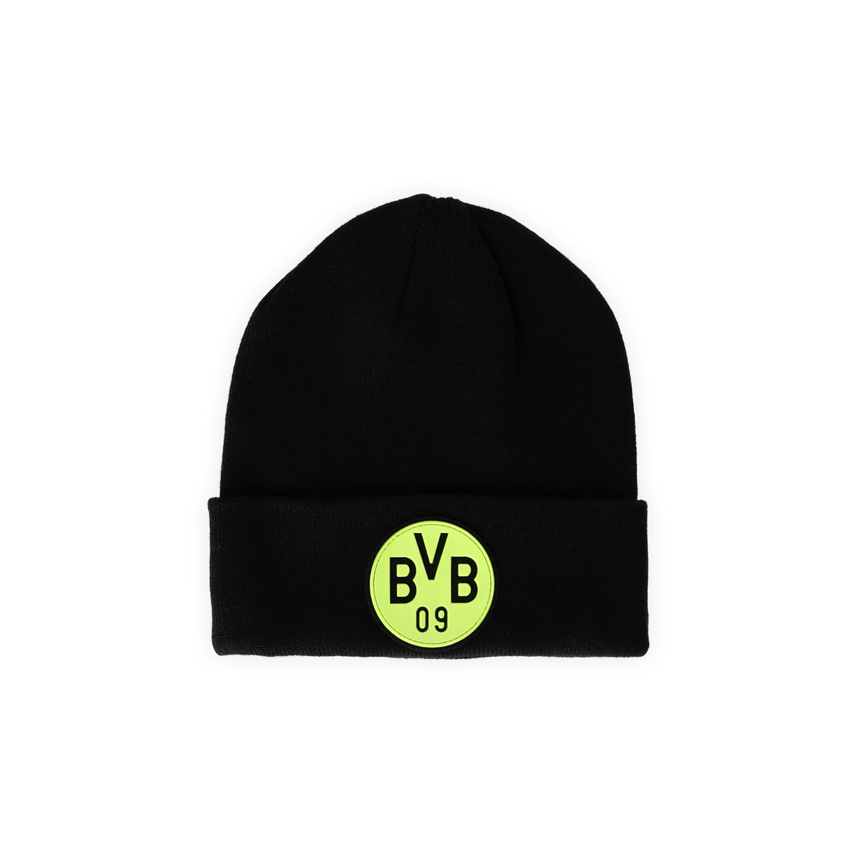 Schwarze Beanie für Kinder mit schwarzgelbem Glow-in-the-Dark-BVB-Logo, ideal als Fanartikel und Accessoire.