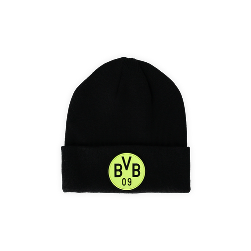 Schwarze Beanie für Kinder mit schwarzgelbem Glow-in-the-Dark-BVB-Logo, ideal als Fanartikel und Accessoire.