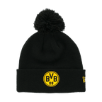 Bonnet à pompon du BVB aux couleurs noir et jaune, arborant un logo BVB 09 bien visible sur le devant et le logo New Era sur le côté.