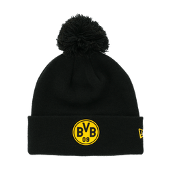 BVB bobble hat in black and yellow with a prominent BVB 09 logo on the front and a New Era logo on the side.