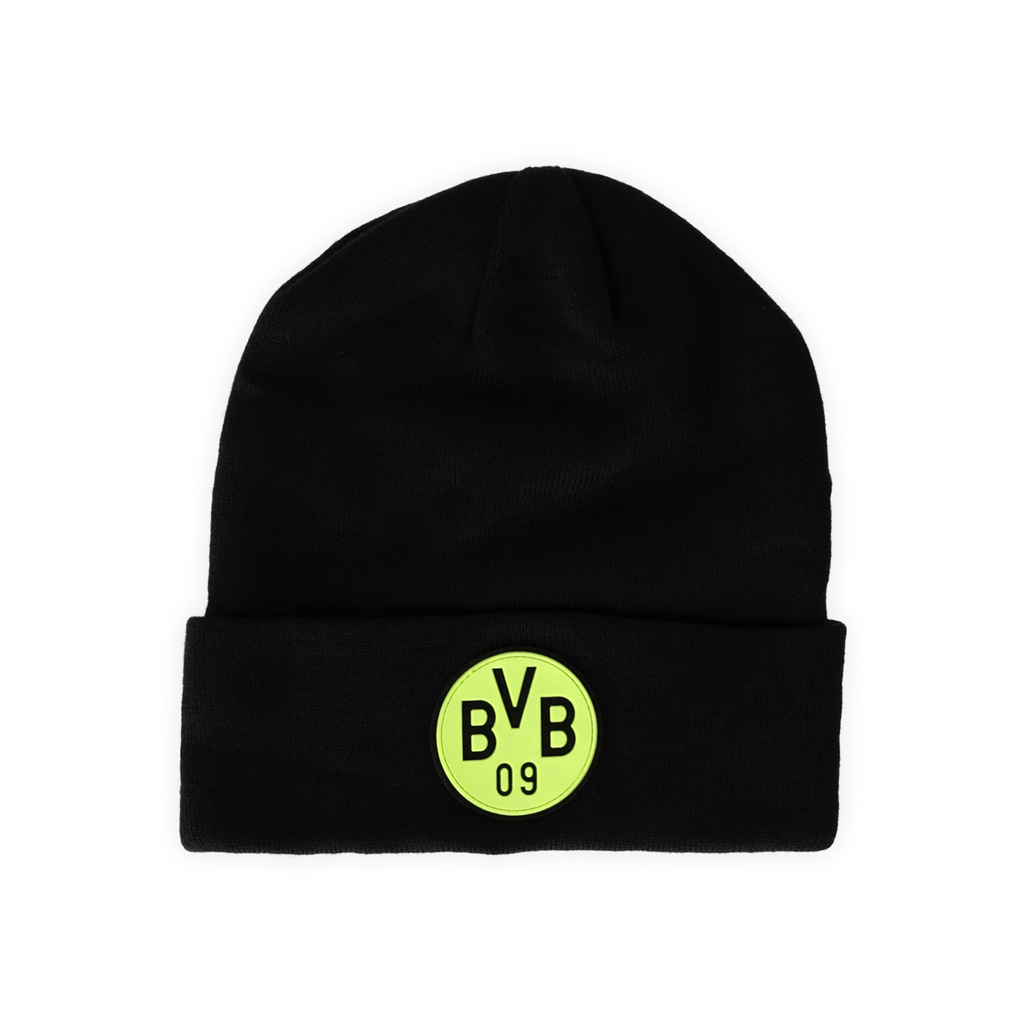 Schwarze BVB-Mütze mit Glow-in-the-dark-BVB-Logo, ideal für Fans von Borussia Dortmund.