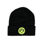Schwarze BVB-Mütze mit Glow-in-the-dark-BVB-Logo, ideal für Fans von Borussia Dortmund.