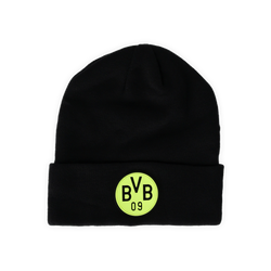 Schwarze BVB-Mütze mit Glow-in-the-dark-BVB-Logo, ideal für Fans von Borussia Dortmund.