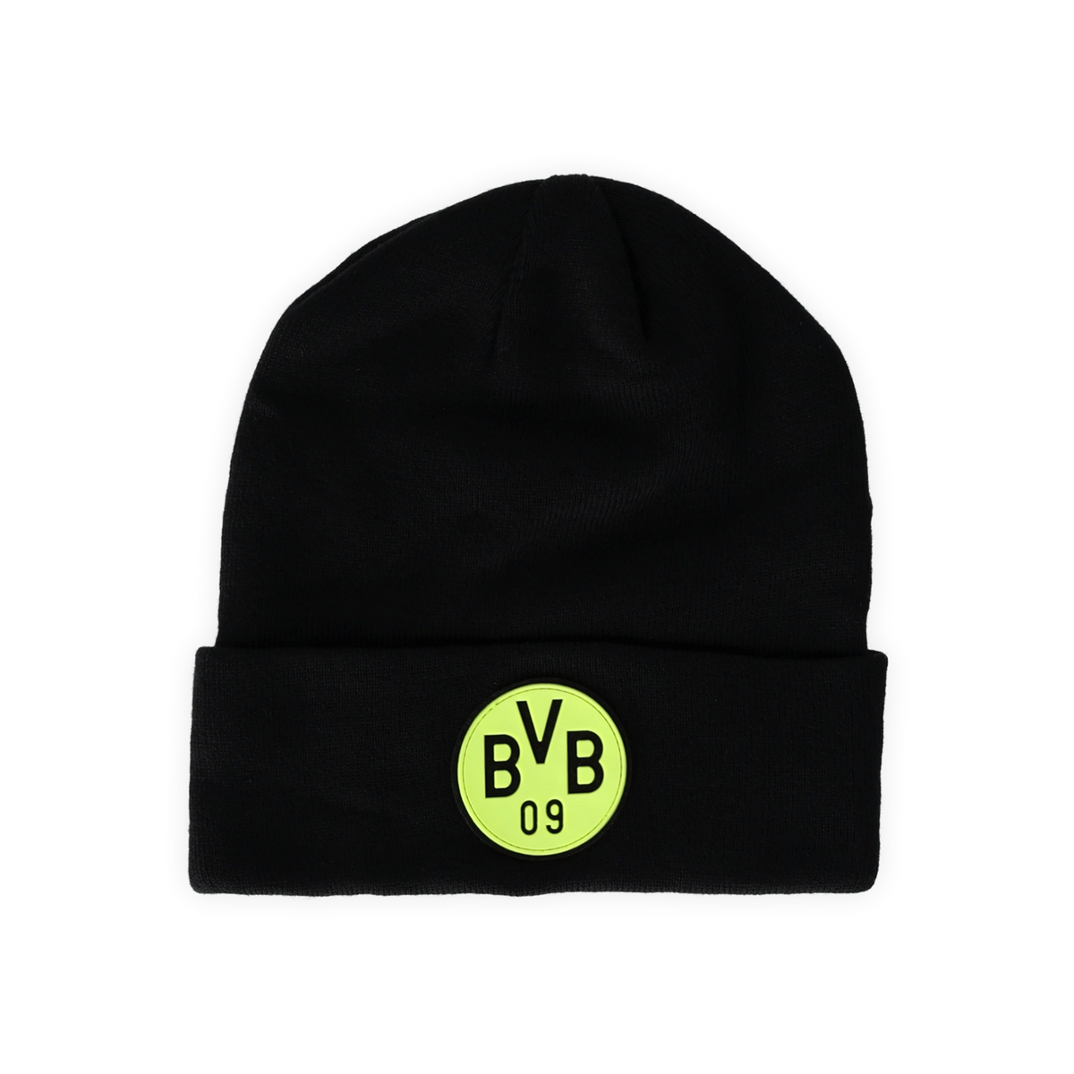 Schwarze BVB-Mütze mit Glow-in-the-dark-BVB-Logo, ideal für Fans von Borussia Dortmund.