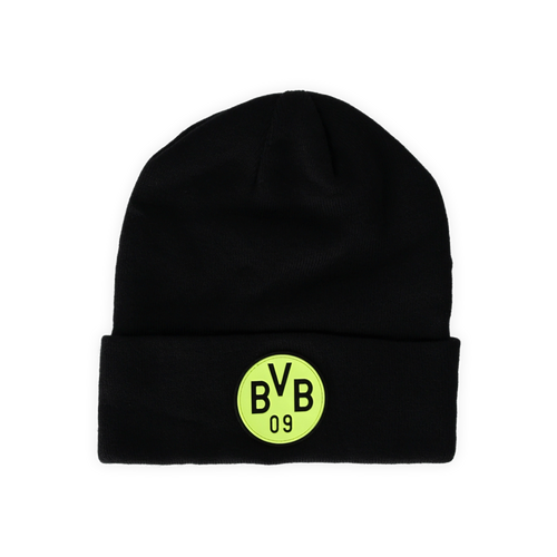 Schwarze BVB-Mütze mit Glow-in-the-dark-BVB-Logo, ideal für Fans von Borussia Dortmund.