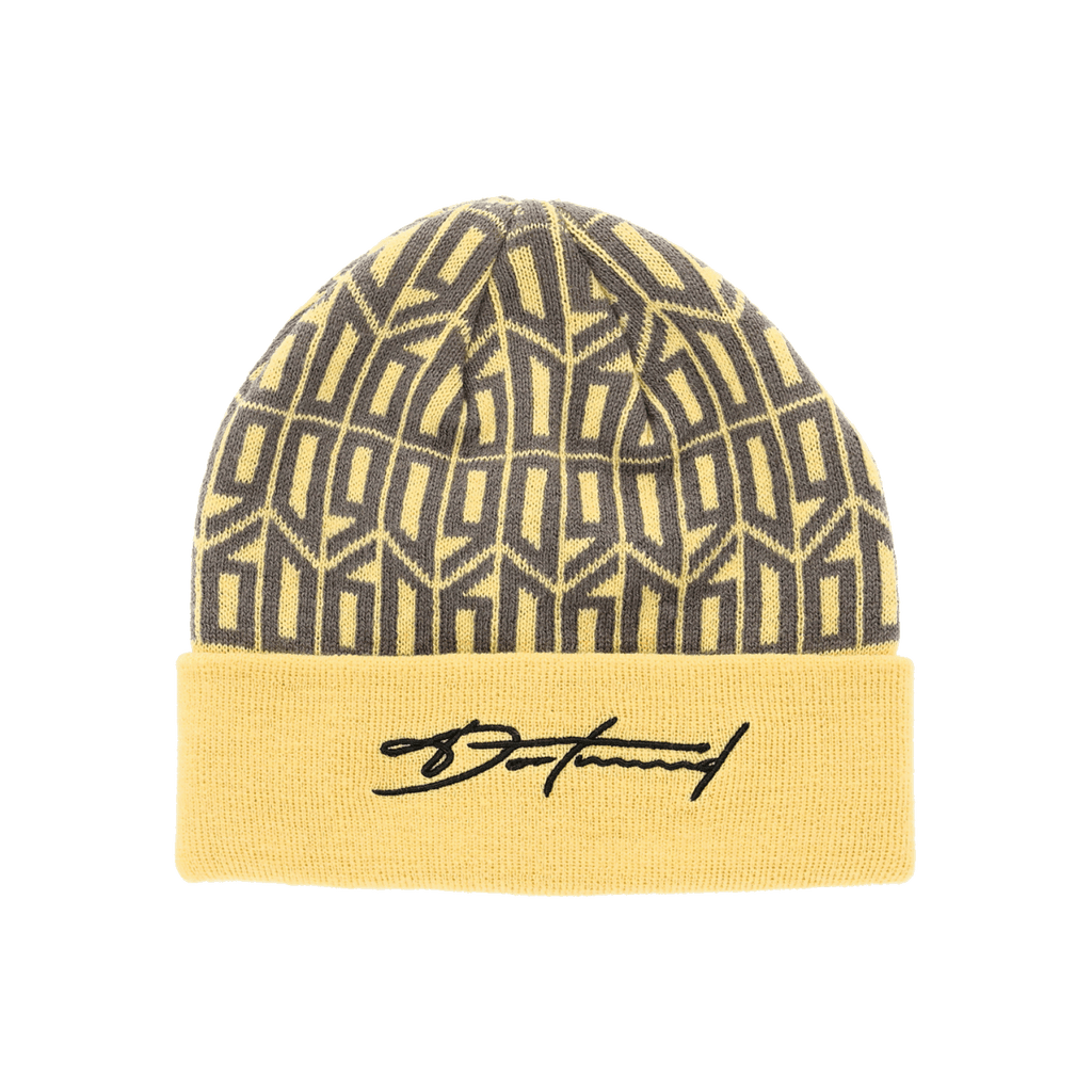 Schwarzgelbe BVB Lifestyle Beanie mit geometrischem Design und gesticktem Schriftzug in der Vorderansicht, Fan-Accessoire von Borussia Dortmund.