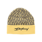 Schwarzgelbe BVB Lifestyle Beanie mit geometrischem Design und gesticktem Schriftzug in der Vorderansicht, Fan-Accessoire von Borussia Dortmund.