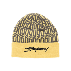 Schwarzgelbe BVB Lifestyle Beanie mit geometrischem Design und gesticktem Schriftzug in der Vorderansicht, Fan-Accessoire von Borussia Dortmund.