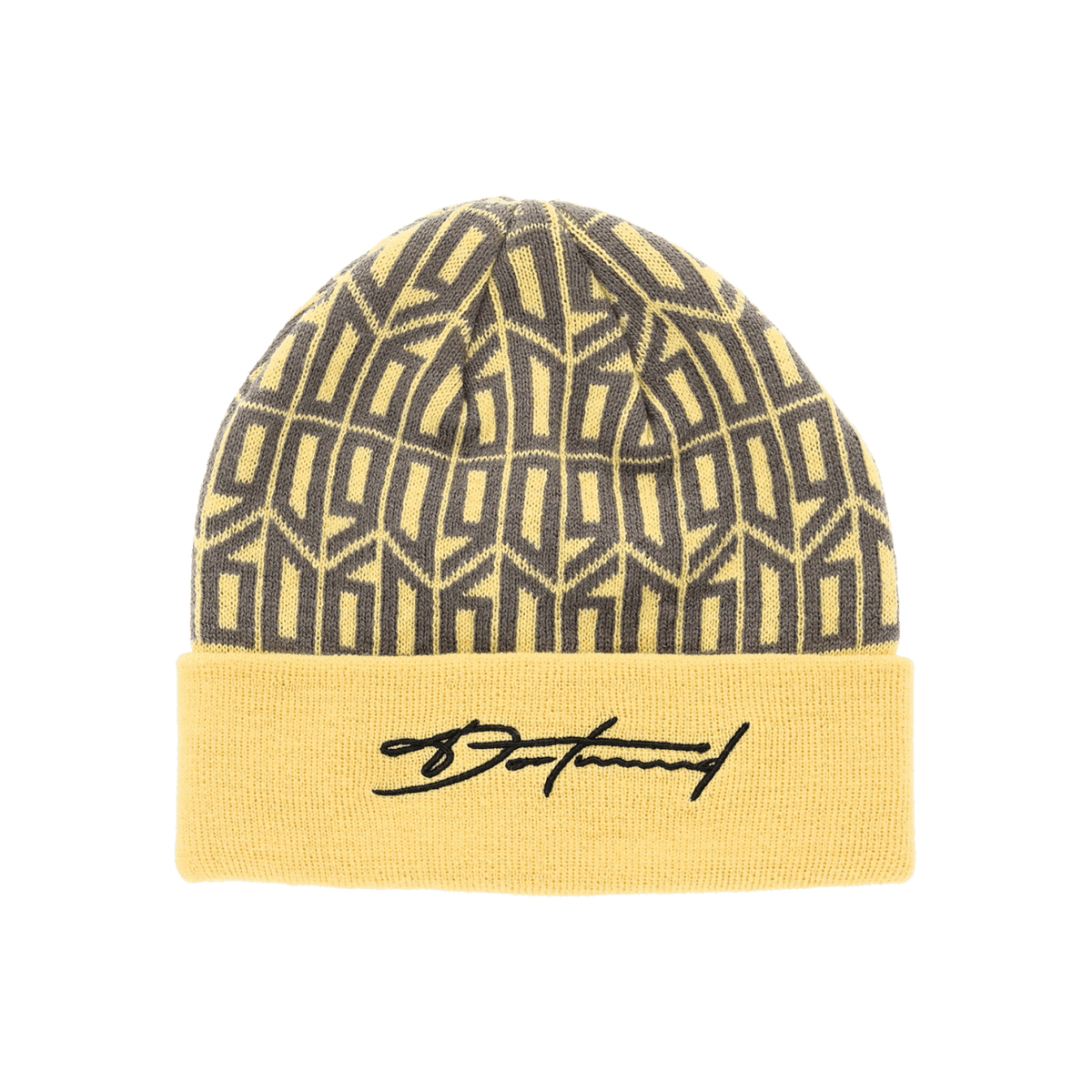 Schwarzgelbe BVB Lifestyle Beanie mit geometrischem Design und gesticktem Schriftzug in der Vorderansicht, Fan-Accessoire von Borussia Dortmund.