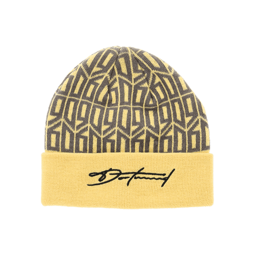 Schwarzgelbe BVB Lifestyle Beanie mit geometrischem Design und gesticktem Schriftzug in der Vorderansicht, Fan-Accessoire von Borussia Dortmund.