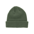 Nahtlose grüne Beanie aus Strickmaterial, Vorderansicht, ideal für kalte Tage.
