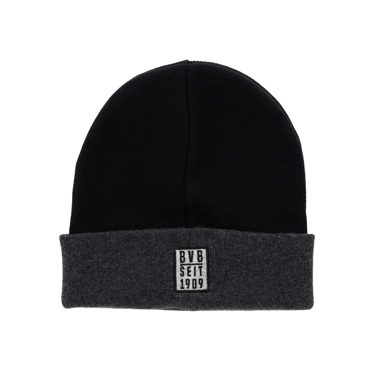 Gorro de invierno negro del BVB con ribete gris y el logotipo «BVB desde 1909» cosido, ideal para los aficionados del Borussia Dortmund.