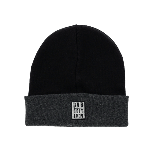 Bonnet d'hiver noir du BVB avec un revers gris et le logo « BVB depuis 1909 » cousu dessus, idéal pour les supporters du Borussia Dortmund.