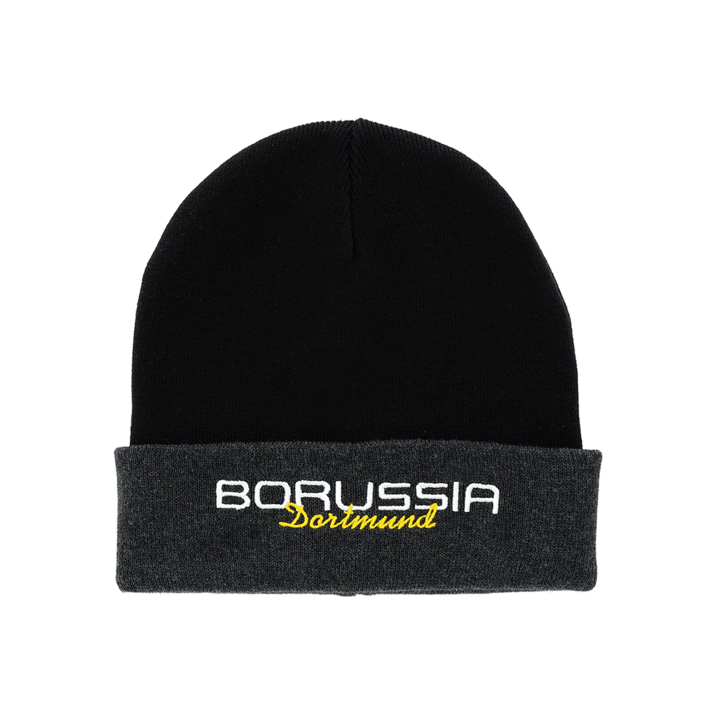 Casquette noire BVB Elements II avec revers gris et inscription « Borussia Dortmund » brodée en blanc et jaune, idéale pour les supporters.